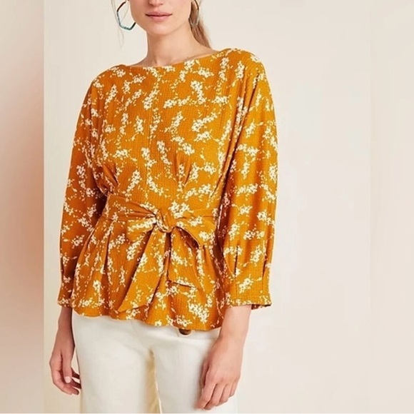 Anthropologie Amber Dolman Blouse Women X-Small Orange Floral Tie-Front Boho - Picture 1 of 12